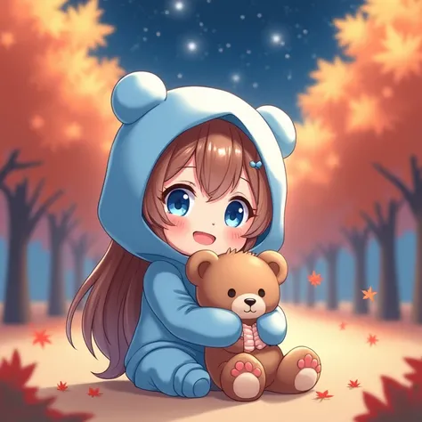 Chibi Character,High image quality,Facing forward,girl,Fluffy tips,Long Hair,Brown hair,blue eyes,Light blue hoodie,cute,Fluffy atmosphere,I&#39;m sitting flat on the floor,Blushing, Look at, smile, Maple scenery,star,night,night空が輝いて見える,Holding a slightly...