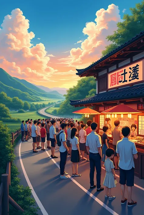 There are a lot of people waiting in line at the ramen shop.　　Country Road　Summer sky　Japanese







