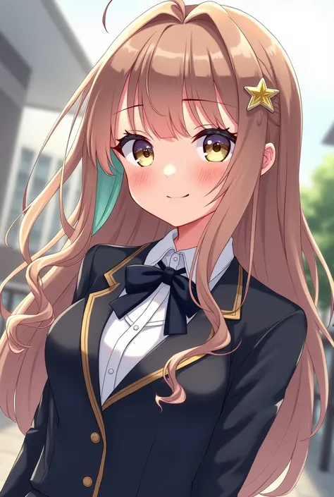 Animated girl with long light brown hair, side bangs and half pink half mint green highlights and star-shaped hair clips all over her hair. Golden bluish purple eyes. Classy, cute and sassy unique idol senior highschool outfit. (Full body, cute smirk) 