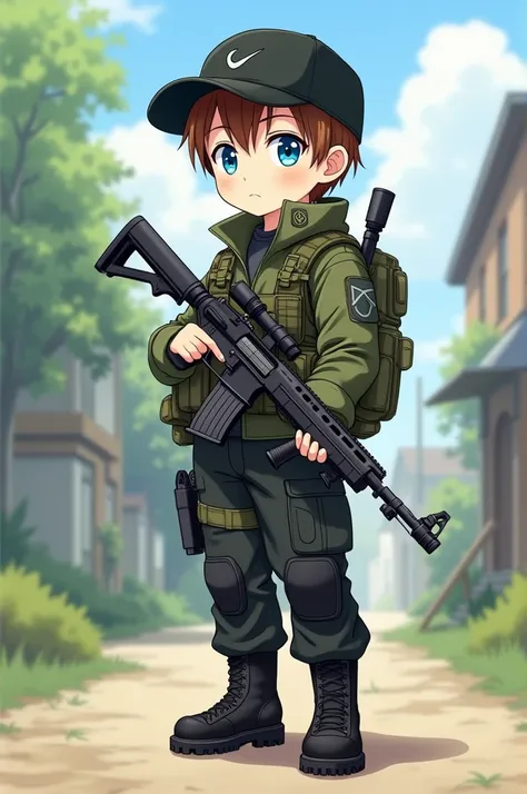 A cartoon anime style boy with white skin blue eyes brown hair camouflage jacket black tactical pants military boots with black cap holding a hunting rifle full body