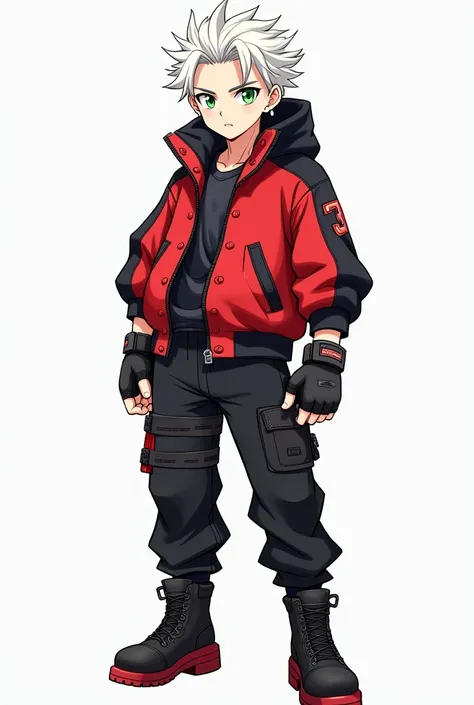 A cartoonish anime style boy with white skin, green eyes, white hair, red and black jacket, black tactical pants, military boots with MMA gloves, full body