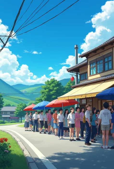 There are a lot of people waiting in line at a family restaurant　　Country Road　Summer sky　Japanese







