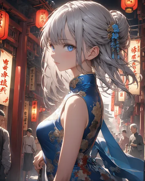 A highly detailed, masterpiece-level anime illustration of a slender, silver-haired, blue-eyed girl in a cheongsam dress, 8K resolution, hyper detailed, dramatic lighting, full body, sharp focus,Standing、Picture from the side、Chinatown、