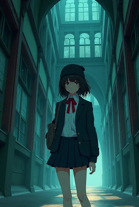 a highschool girl in a uniform and wearing a black beanie. she should be in a really mysterious school. i want to see her whole body. it should be an animation kind of art