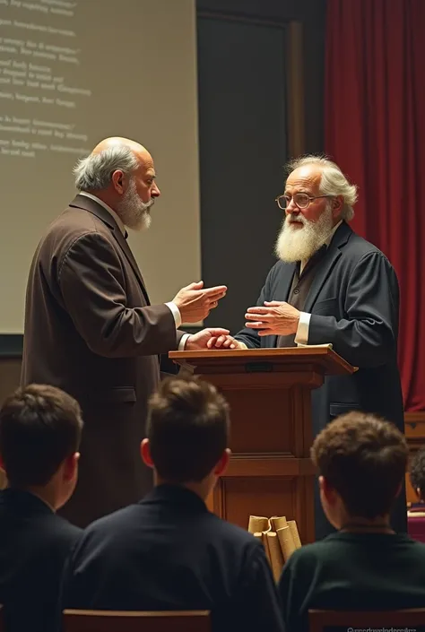 A lecture or academic dissertation, with 2 speakers who talk about the art of rhetoric and the skill of speaking, where it is seen that they are modern philosophers. A podium can be seen, stage and young people listening. 