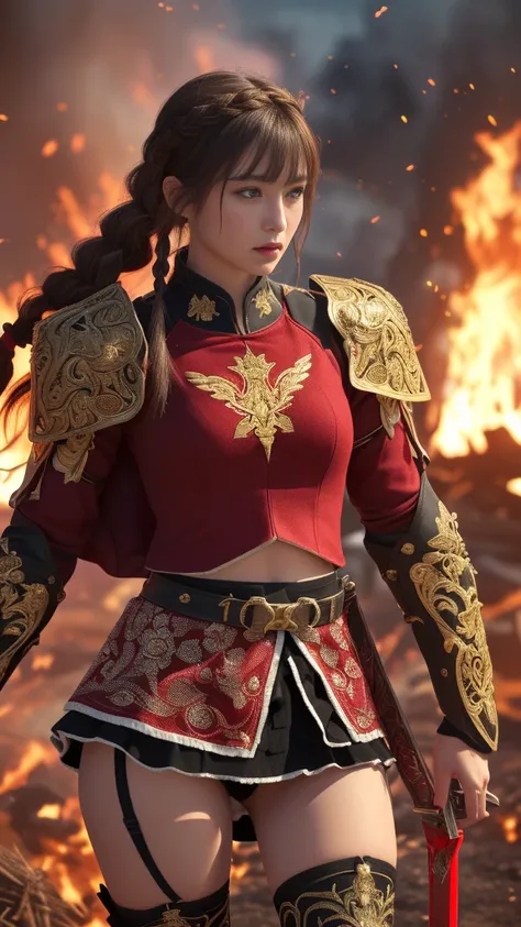 Very beautiful woman、Slender women、(Detailed face)、Realistic Skin、((Knight of Fire)), (((Red Armor:1.25)))、((((Black armor with very fine and intricate decoration))))、((Delicate photo))，(Girl Astepeace RAW Photo Details:1.25), (highest quality:1.6), (超A hi...