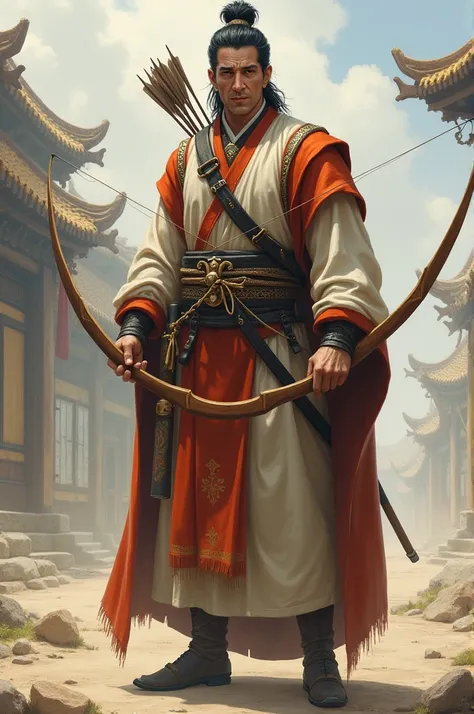 A noble prince with a regal demeanor, dressed in traditional attire suitable for a prince on exile—simple yet elegant. He should have a bow and arrow, symbolizing his warrior status.