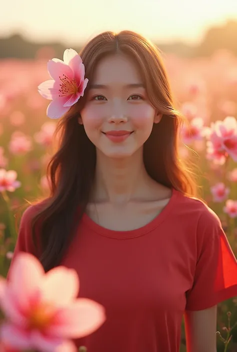 Best quality, masterpiece, ultra high res, (photorealistic:1.4), raw photo, 1 giant Asian girl, red t shirt,, brown long hair blossom flower field, glowing skin, light smile