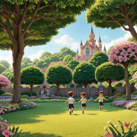 Create an image of two small children, a boy and a girl, playing joyfully in a vibrant, flower-filled garden outside a grand castle. The children are laughing and running through the garden, surrounded by colorful flowers, lush green grass, and the distant...