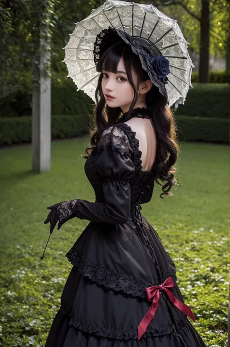 8k, RAW photo, best quality, masterpiece:1.2), (realistic, photo-realistic:1.4), (extremely detailed 8k wallpaper),A beautiful gothic lolita girl, standing in a moonlit Victorian garden, wearing a detailed black and red lace dress with intricate patterns, ...