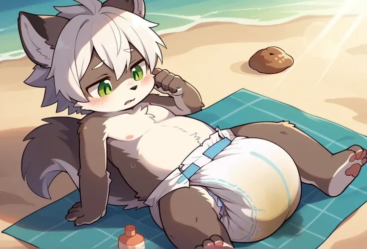 furry, kemono, toddler, A cute Gray Wolf boy，white hair，Wearing cute diapers, Wet Diaper, Naked，sitting on the beach, warm sunlight, tired, peeing in diaper, pooping in diaper, diaper mess poop, Dirty Diaper, protrait photo，HD