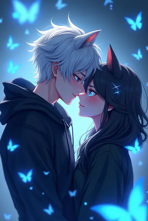 Anime cat boy Wear a black hoodie And the blue dragon eyes And there were butterflies all around him.The butterfly and his eyes glow blue.There is a blue light beam Surrounding him And their mouths are close together.And he has white hair He is handsome an...