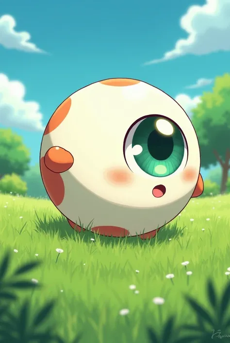 A cute, chibi-style anime character with a giant, single eyeball as its body, rolling across a grassy field. The eyeball should be round and plump, with a bright, inquisitive expression. The character has no mouth, but its single eye conveys a sense of pla...