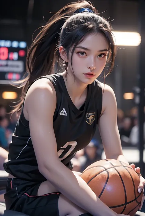 (((Basketball Player)))、Sitting cross-legged、ponytail、Young woman、(((One girl)))、20 years old、((Muscular))、cute、(Muscular body)、Beauty、((sweat))、((Background gym))、best quality,4K,8k,highres,masterpiece:1.2),ultra-detailed,(realistic,photorealistic,photo-r...