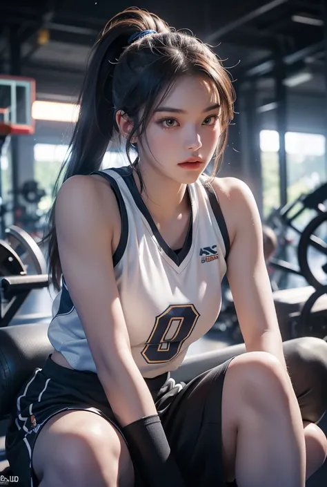 (((Basketball Player)))、Sitting cross-legged、ponytail、Young woman、(((One girl)))、20 years old、((Muscular))、cute、(Muscular body)、Beauty、((sweat))、((Background gym))、best quality,4K,8k,highres,masterpiece:1.2),ultra-detailed,(realistic,photorealistic,photo-r...