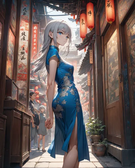 A highly detailed, masterpiece-level anime illustration of a slender, silver-haired, blue-eyed girl in a cheongsam dress, 8K resolution, hyper detailed, dramatic lighting, full body, sharp focus,Standing、Picture from the side、Chinatown、