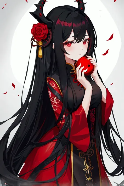 Chinese Anime Girl, Long black hair, wearing rose in hair, wearing sexy red dress with black lacing, holding a dark dragon mask in front vertically covering half of her face with her right hand covering right side of her face, revealing her left side of he...