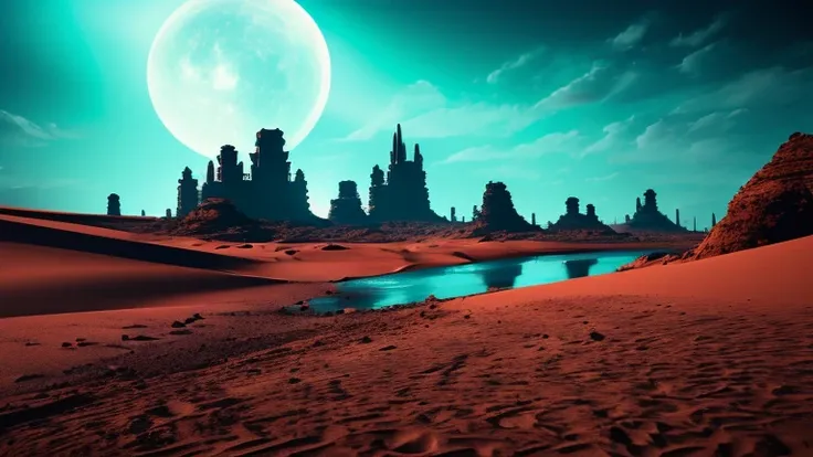 "A flat desert of red sand under a dark, night sky. The ruins of an ancient city scatter across the landscape, creating an eerie, post-apocalyptic atmosphere. A lone cosmonaut, seen from behind, walks towards a distant mountain of red sand. In the sky abov...