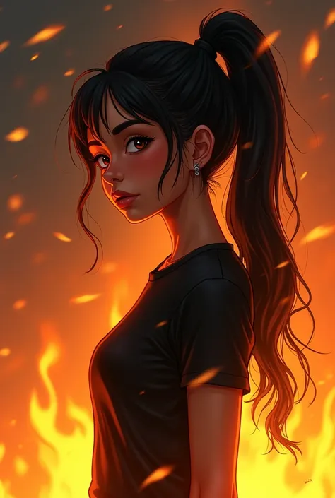 sloppy looking mulatto girl with ponytail black hair, fire, black t-shirt, flame, elegant, digital painting, Concept art, clear focus, illustration  