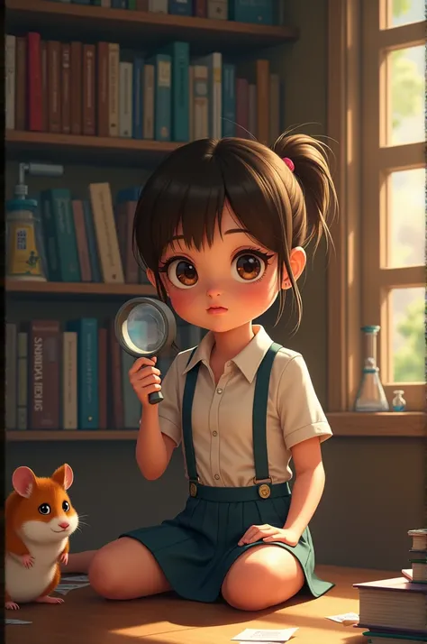 A brunette child with a hamster who likes criminology 