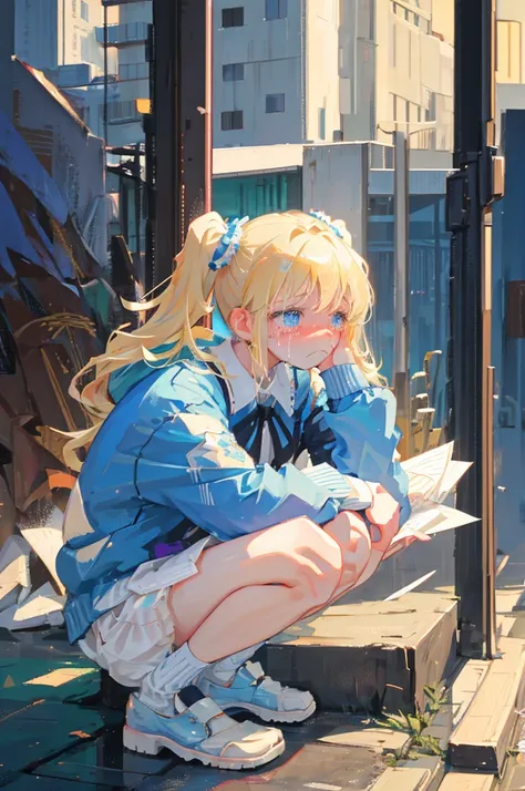 Girl , medium height, blonde, with two pigtails, freckles and blue eyes, squatting on the playground in front of the school, covering his face with his hands and crying. She looks upset. The style is realistic. 
