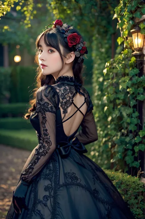 8k, RAW photo, best quality, masterpiece:1.2), (realistic, photo-realistic:1.4), (extremely detailed 8k wallpaper),A beautiful gothic lolita girl, standing in a moonlit Victorian garden, wearing a detailed black and red lace dress with intricate patterns, ...