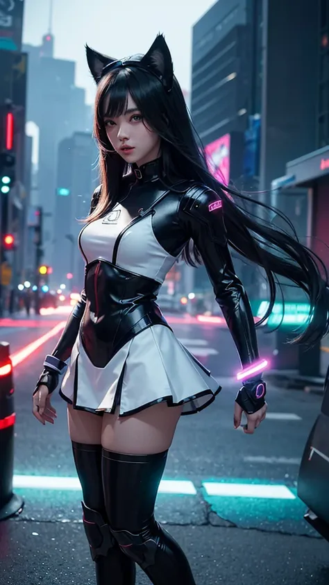 1girl, cat ears, futuristic city, short skirt, long hair, shiny hair, neon lights, detailed eyes, highly detailed face and skin, slim figure, looking at viewer, (best quality, 8k, masterpiece:1.3), cinematic lighting, vivid colors, photorealistic, concept ...