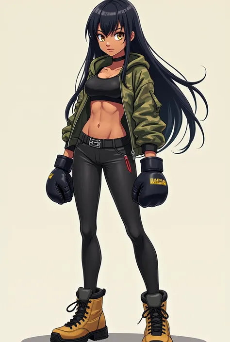 A cartoonish anime style girl with dark skin, golden eyes, long straight black hair, shorts, leggings, camouflage jacket, boots with full body MMA gloves