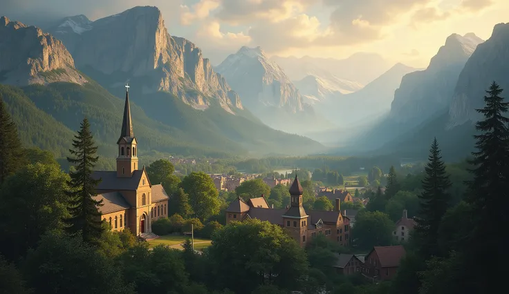 scenery, a small American town lost in the middle of mountains covered with thick forests, the sun reflects on the church steeple, au loin les tours gothiques de l’université semblent se perdre dans la brume. High definition, beaucoup de détails, masterpie...