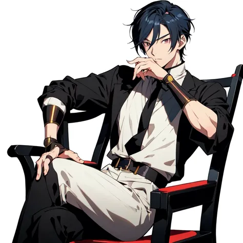 anime man sitting in a chair with his hand on his chin, handsome anime pose, inspired by Bian Shoumin, official illustration, shigenori soejima illustration, anime portrait of a handsome man, handsome guy in demon slayer art, official art, official charact...