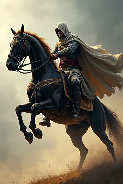 A man riding a horse face is covered with the cloth and showing sword on his right hand and the horse front foots are up and the saddle is in the gold