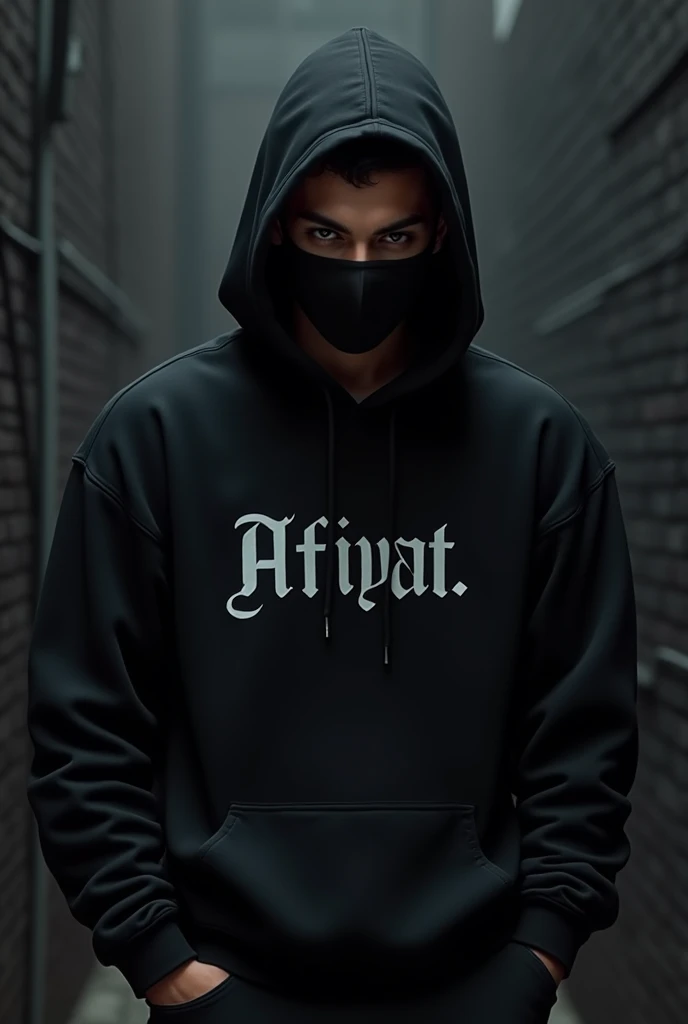 A handsome american  realistic boy wearing a black hoddyand a black mask and "afiyat" written in his hoddy. He stand down his head wearing the hoody in head infront of a stylish black wall written "Afiyat" 