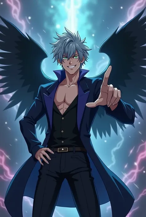 man, anime,wings,black feathers,blue t-shirt,hands in pockets 