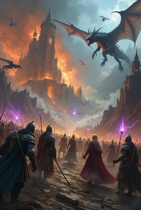 Confrontation of the forces of Light and Darkness on the battlefield in fantasy style. People, dwarves and elves against monsters and dragons. In the background, the castle is on fire.