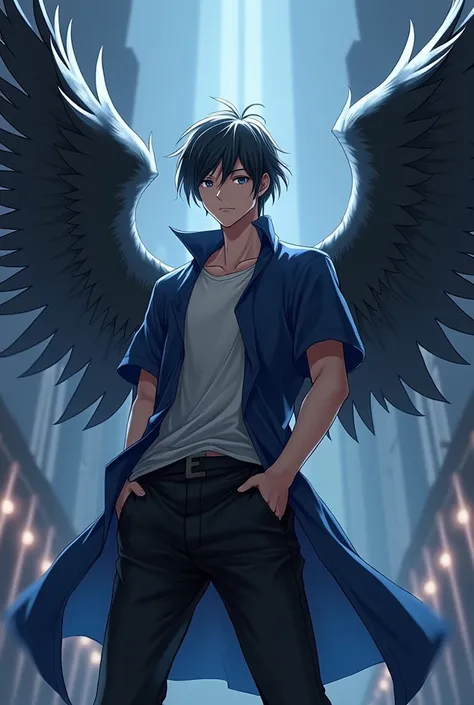 man, anime,wings,black feathers,blue t-shirt,hands in pockets 