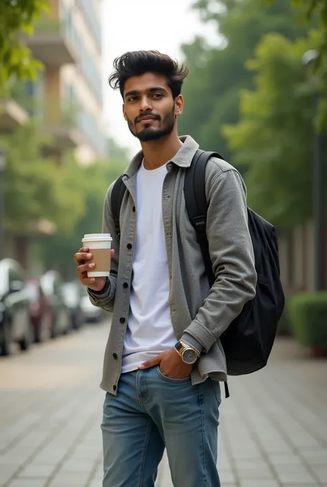 Handsome Young Guy From Bangladesh, student university, photoshoot, Campus background, wearing a casual outfits, Wearing a bag, ultra HD, Highly detailed Hair, detailed face, detailed skin, detailed, realistic, Holding a Macbook and Holding a Coffee