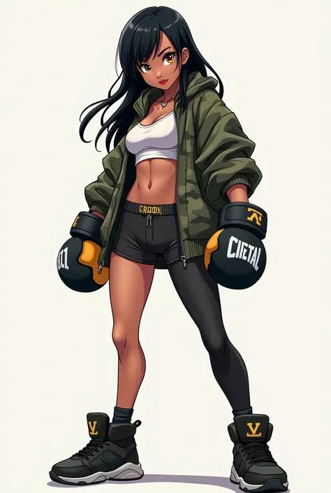 A cartoonish anime style girl with dark skin, golden eyes, long straight black hair, shorts, leggings, camouflage jacket, boots with full body MMA gloves