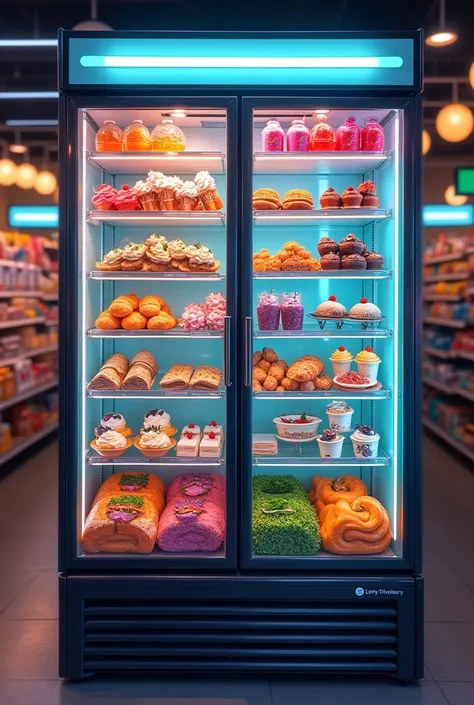 Imagine a refrigerator in a supermarket full of desserts, Drinks, Yoghurts, Ice cream and sauces, Sandwiches and salads, decorated with red, orange, purple and blue dressings.