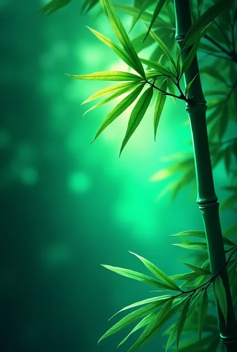 Bamboo green leaves with green colour neon light background 
