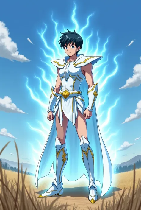 Elias, a skinny  boy, is wearing a luminous white Pegasus armor that shines brightly under the light. The armor partially covers your body, destacando sua figura esbelta. He is in a powerful pose, raising your power, as a radiant blue aura surrounds him, e...