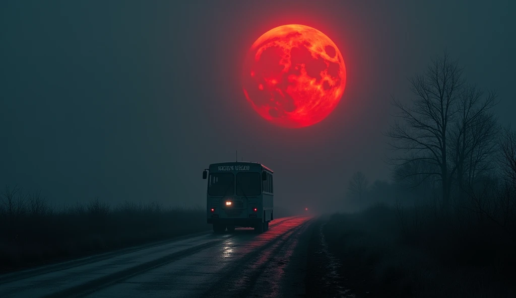 The bus under a blood-red moon: A full moon, blood-red in color, hangs ominously in the sky as the bus makes its way down a foggy, isolated road.