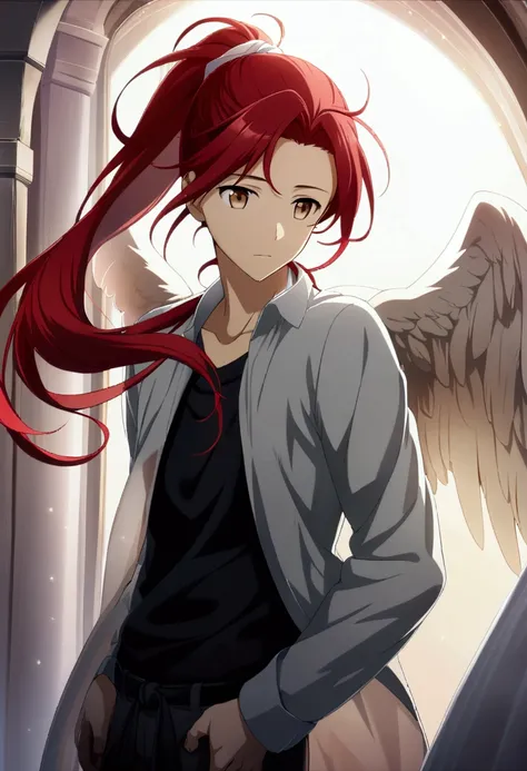 1boy, very long red hair, tied back in a casual ponytail that falls over his shoulder, and very light brown eyes, almost transparent, CG, angel wings