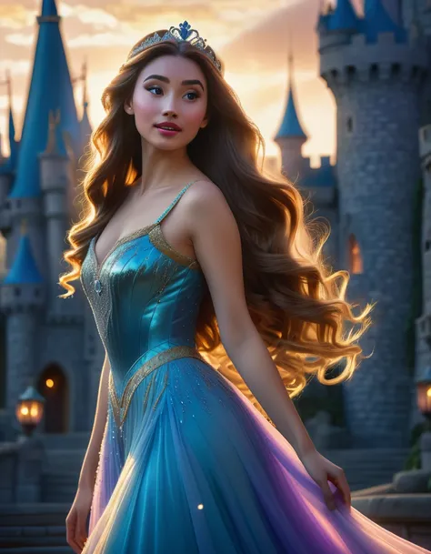 a beautiful disney princess, ultra realistic, highly detailed, cinematic lighting, hyperrealistic, glowing skin, detailed facial features, flawless complexion, long flowing hair, elegant dress, graceful pose, serene expression, ornate castle background, dr...