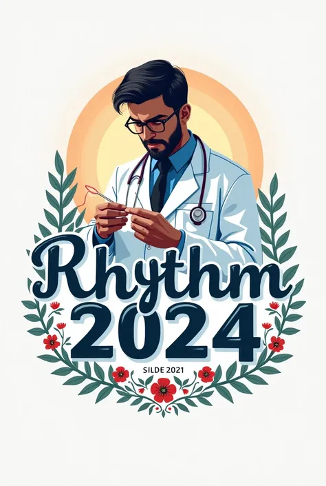 A fancy attractive logo for college fest 
"Rhythm 2024 " with doctor symbol
And try to show  suture "rhythm 2024"
Which involves cultural , sports,academics ,open mic logo as well to explain entire fest make a decent doctor who is sewing the logo
Write bat...