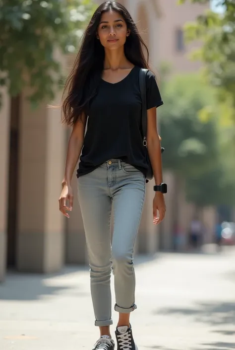 A skinny girl wearing black t-shirt and light skin fitted jeans with sneakers going to college indian skin tone and hair till waist wearing smart watch