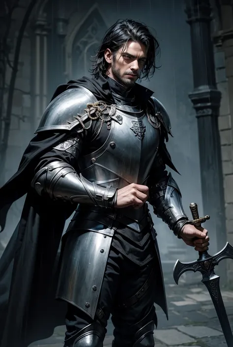 Anatomically Correct Male, Solo, Black Hair, Simple background, Feet Out Of Frame, Messy Hair, Closed Mouth, Serious, Gothic Art, Very Large, Muscular, Knight, Soldier, Historical, Kings Gaurd, Scarred Face, Scar down face, Holding a sword, Intimidating, G...