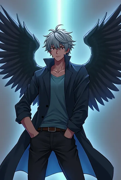 man, anime,wings,black feathers,blue t-shirt,hands in pockets, gray hair,defined body