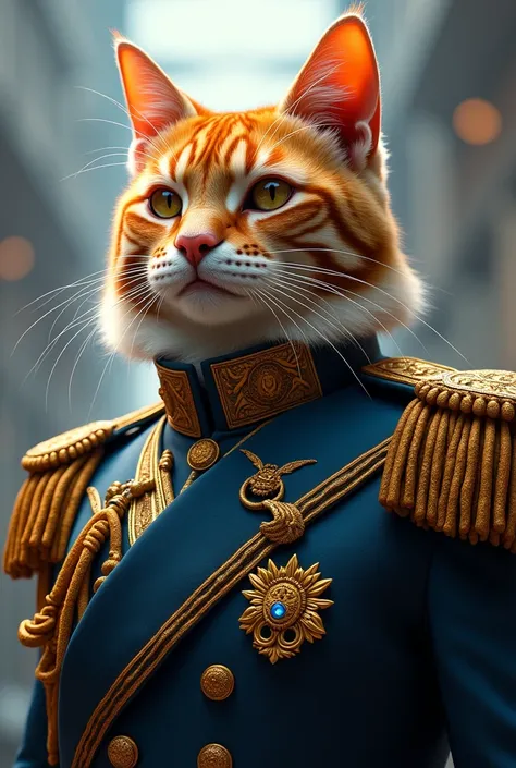 Draw me imperial, noble cat with rich  fur in futuristic military uniform ,   ispired russian empire military uniform, smiling face,   ultrarealistic, fresh,  bright Palette 
