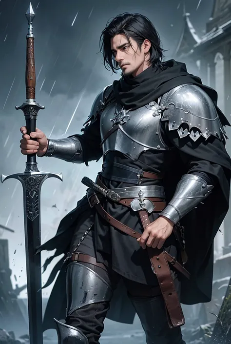 Anatomically Correct Male, Solo, Black Hair, Simple background, Feet Out Of Frame, Messy Hair, Closed Mouth, Serious, Gothic Art, Very Large, Muscular, Knight, Soldier, Historical, Kings Gaurd, Scarred Face, Scar down face, Holding a sword, Intimidating, G...