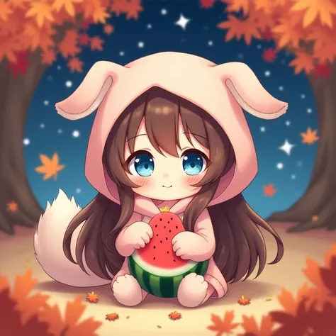 Chibi character, high quality, facing forward, girl, furry fingertips, long hair, brown hair, blue eyes, light pink hoodie, cute, furry atmosphere, Im sitting flat on the floor, blushing, look, smile, maple leaf scenery, stars, night, night sky が光いて见える, ho...